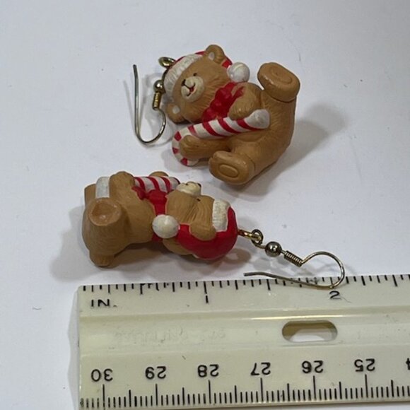 VTG Pair Christmas Sitting Teddy Bear w/Candy Cane Wired Earrings 1"x1.25" - Picture 8 of 9
